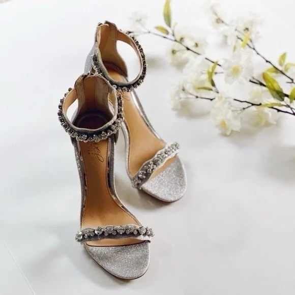 NEW Badgley Mischka Mayra Silver Glitter Rhinestone Ankle Strap Heels - Picture 1 of 12